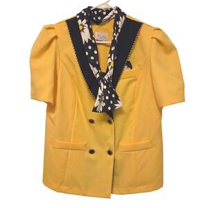 Vintage Berg-Ray Frocks Yellow Short Sleeve Blazer Scarf Accent Size 16.5 ILGWU